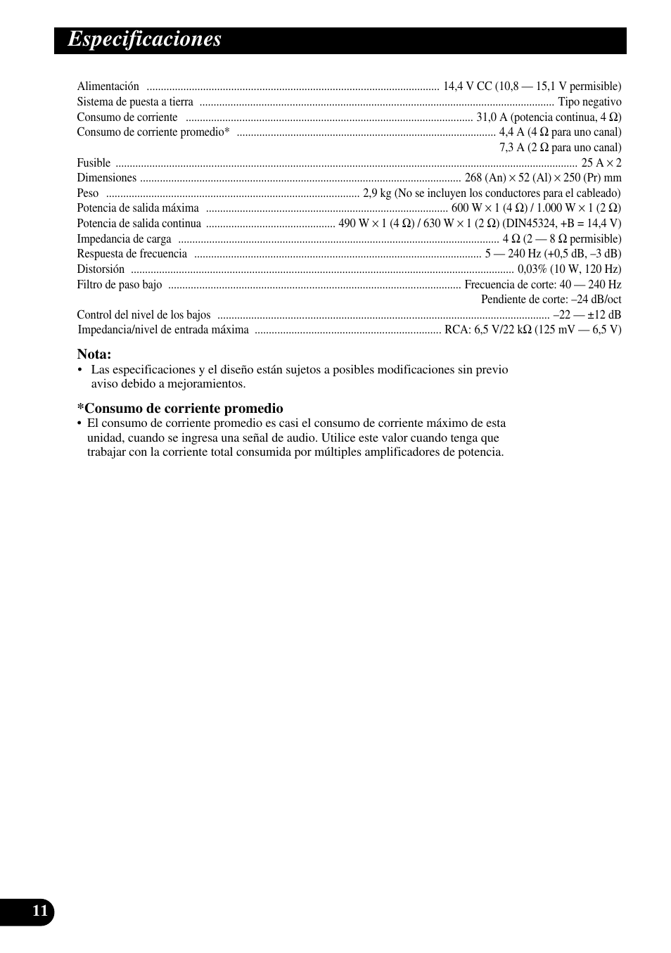 Especificaciones | Pioneer GM-D510M User Manual | Page 24 / 74