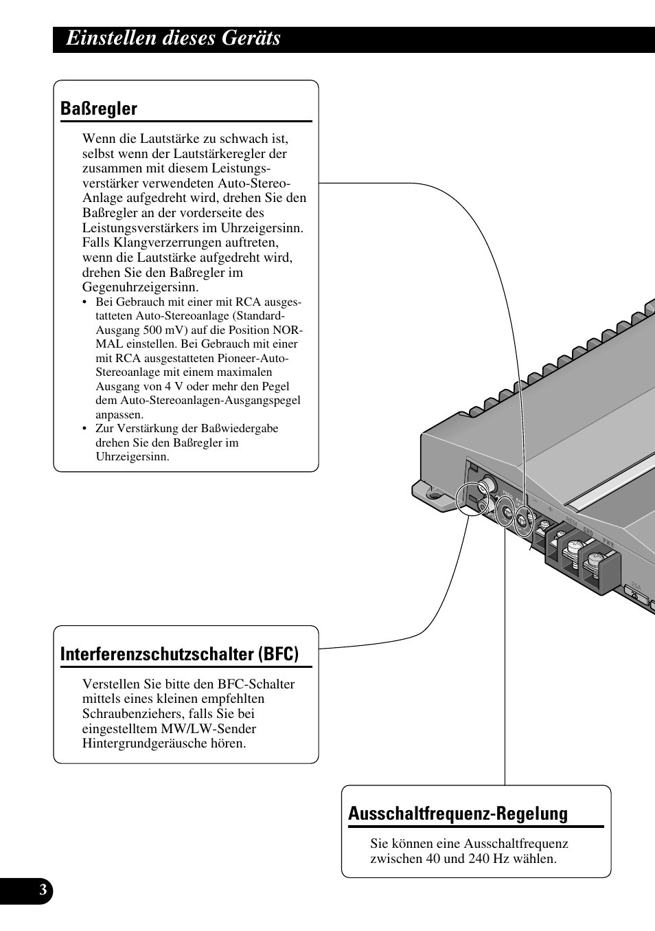 Einstellen dieses geräts, Baßregler, Interferenzschutzschalter (bfc) | Ausschaltfrequenz-regelung | Pioneer GM-D510M User Manual | Page 28 / 74