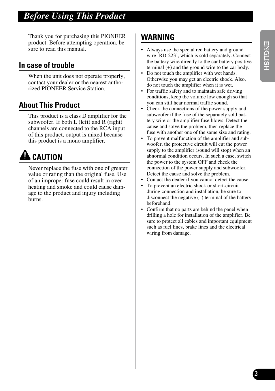 Before using this product, In case of trouble about this product warning, About this product | Caution, Warning | Pioneer GM-D510M User Manual | Page 3 / 74