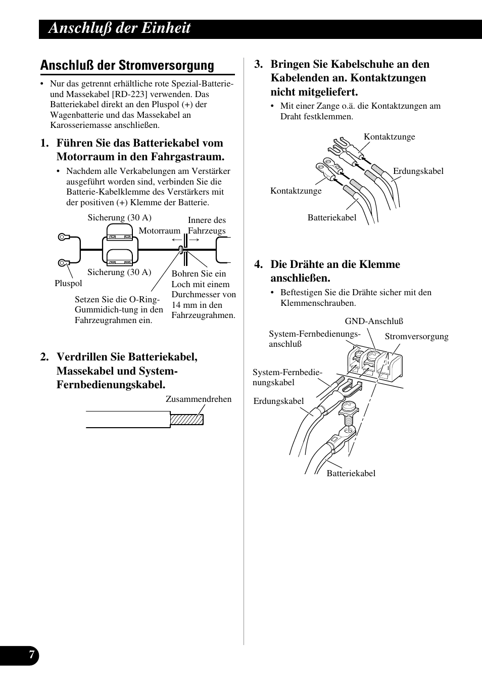 Anschluß der stromversorgung, Anschluß der einheit | Pioneer GM-D510M User Manual | Page 32 / 74