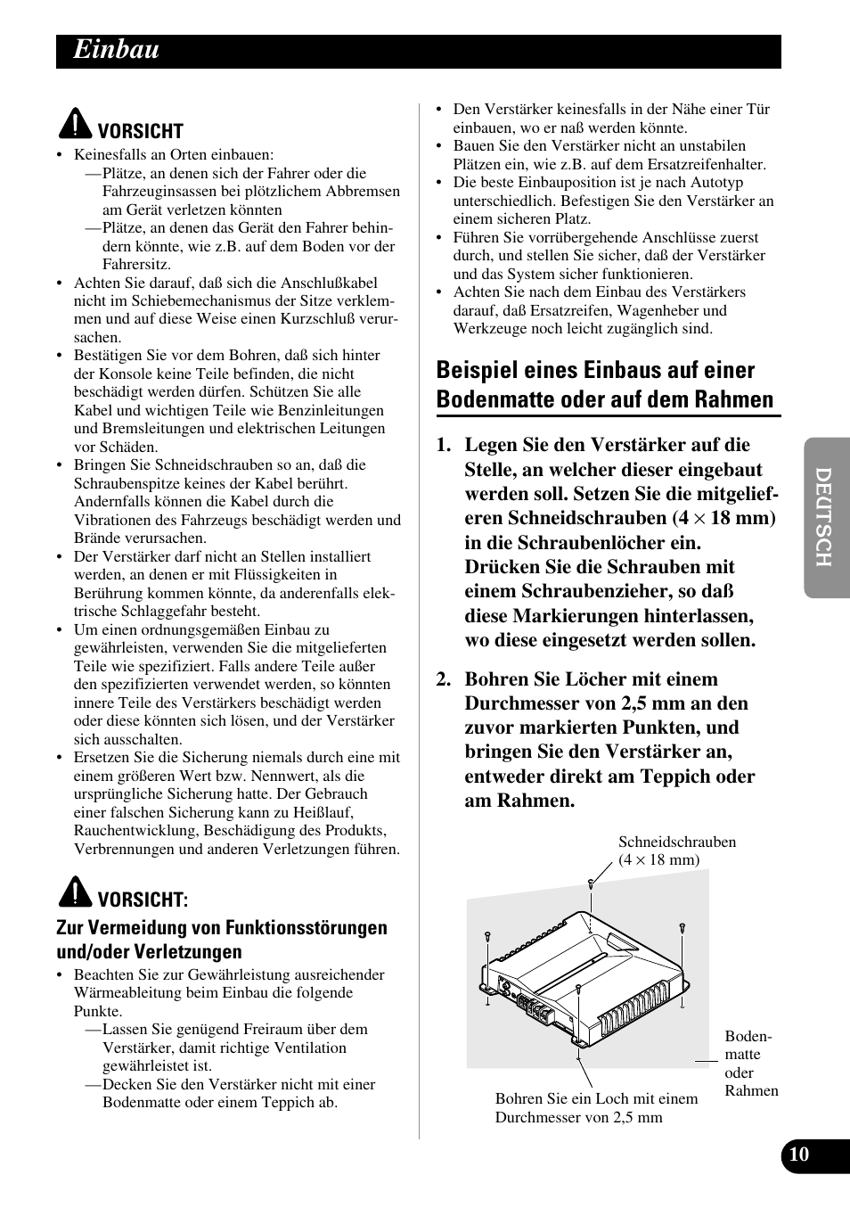 Einbau, Beispiel eines einbaus auf einer, Bodenmatte oder auf dem rahmen | Pioneer GM-D510M User Manual | Page 35 / 74