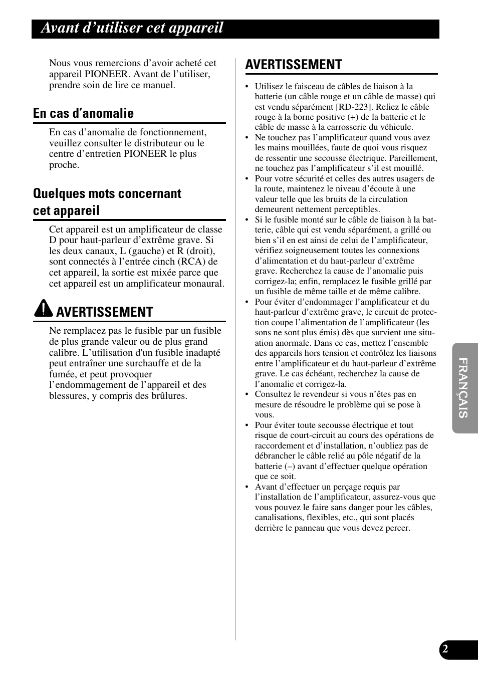 Avant d’utiliser cet appareil, En cas d’anomalie, Quelques mots concernant cet appareil | Avertissement | Pioneer GM-D510M User Manual | Page 39 / 74