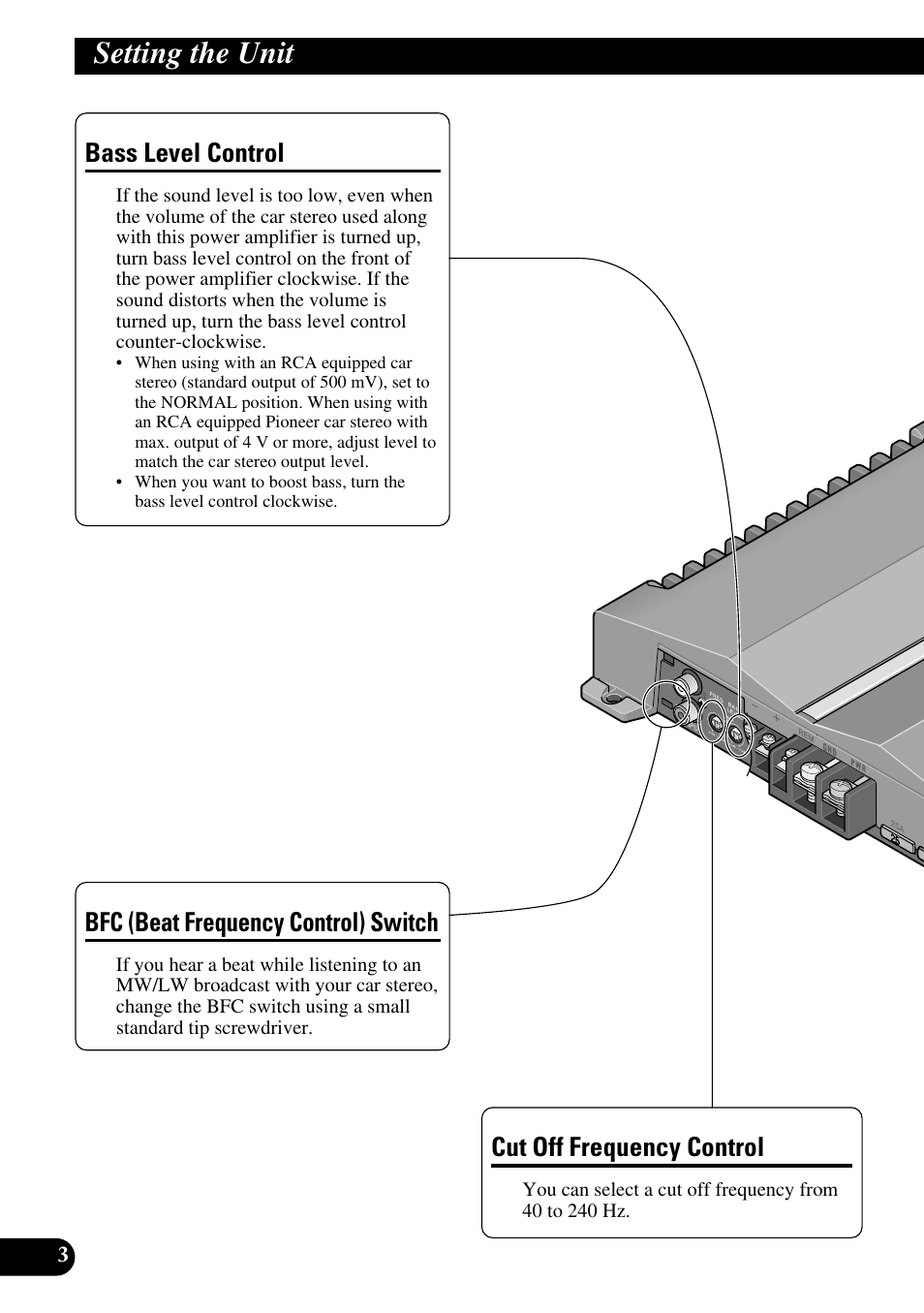 Setting the unit, Bass level control, Bfc (beat frequency control) switch | Cut off frequency control | Pioneer GM-D510M User Manual | Page 4 / 74