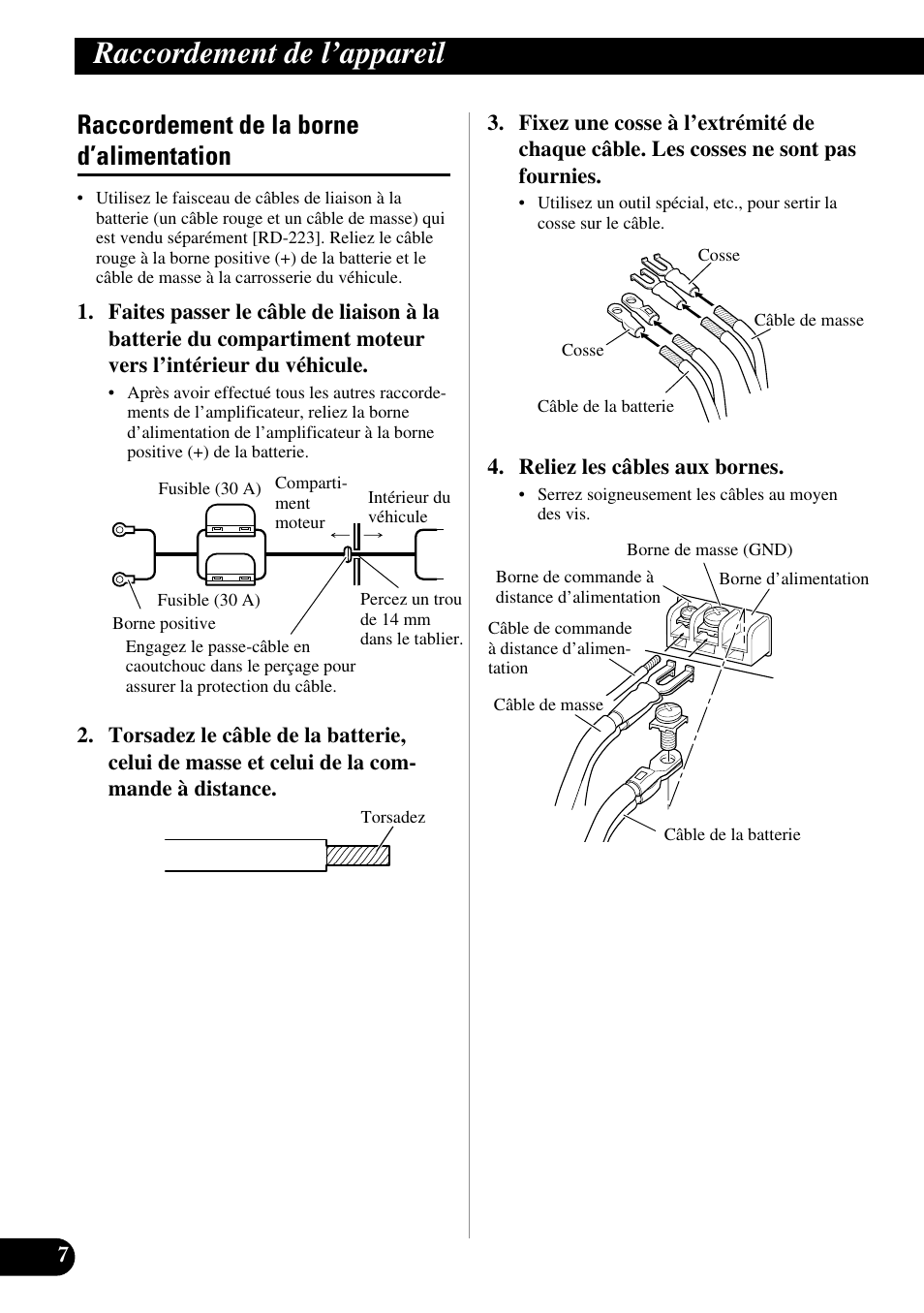 Raccordement de la borne d’alimentation, Raccordement de l’appareil | Pioneer GM-D510M User Manual | Page 44 / 74