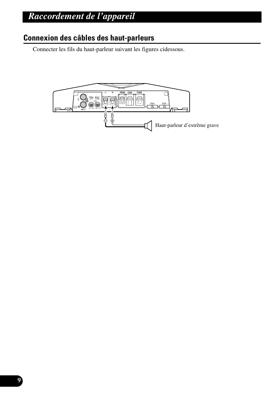 Connexion des câbles des haut-parleurs, Raccordement de l’appareil | Pioneer GM-D510M User Manual | Page 46 / 74