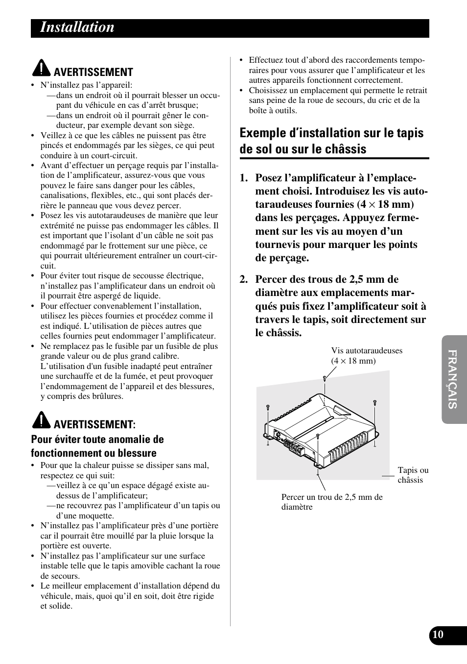 Installation, Exemple d’installation sur le tapis de sol, Ou sur le châssis | Pioneer GM-D510M User Manual | Page 47 / 74