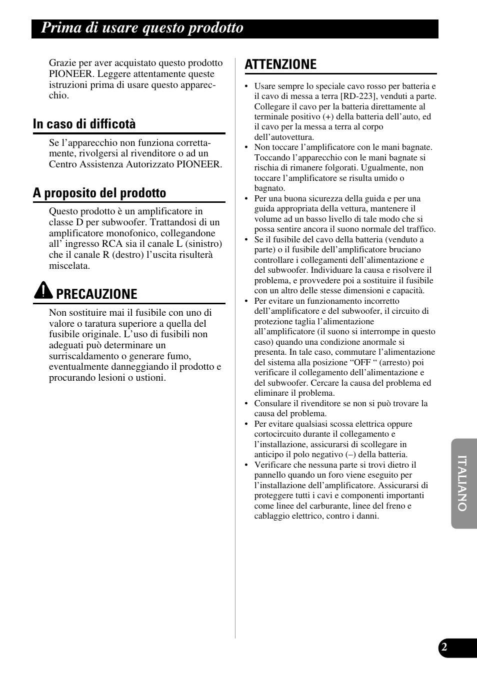 Prima di usare questo prodotto, A proposito del prodotto, Precauzione | Attenzione | Pioneer GM-D510M User Manual | Page 51 / 74
