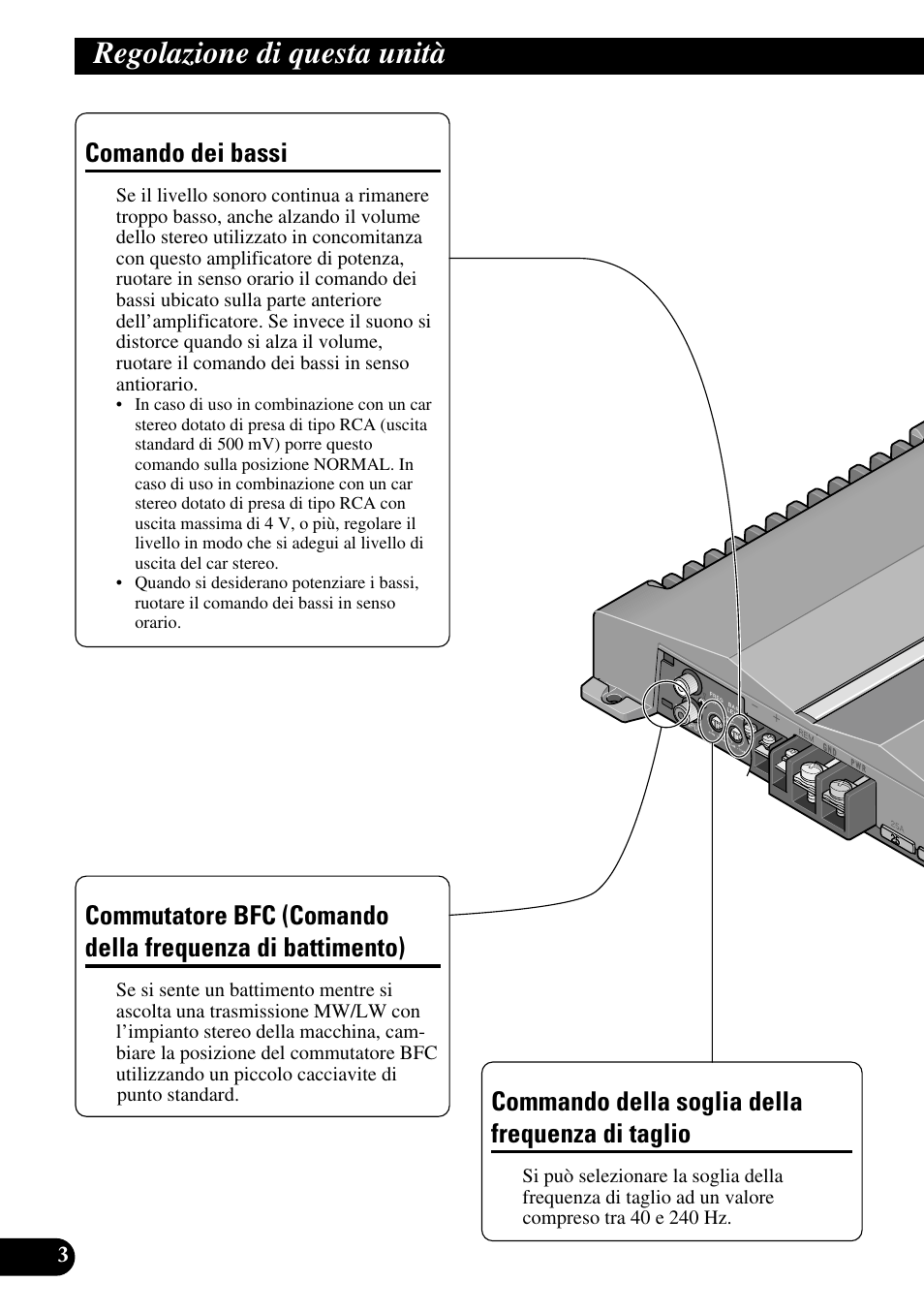 Regolazione di questa unità, Comando dei bassi commutatore bfc (comando della, Frequenza di battimento) | Commando della soglia della frequenza, Di taglio, Comando dei bassi, Commando della soglia della frequenza di taglio | Pioneer GM-D510M User Manual | Page 52 / 74