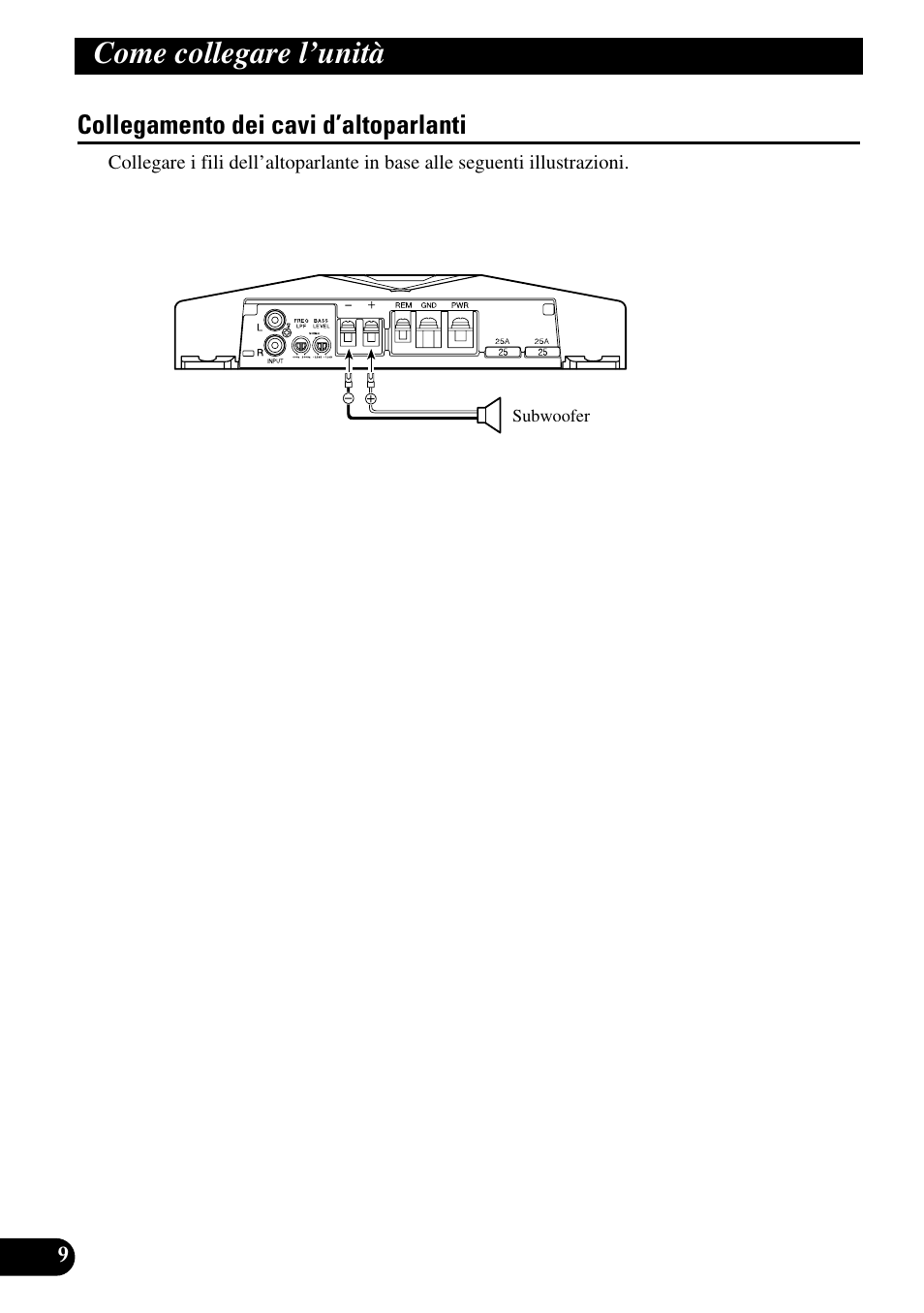 Collegamento dei cavi d’altoparlanti, Come collegare l’unità | Pioneer GM-D510M User Manual | Page 58 / 74