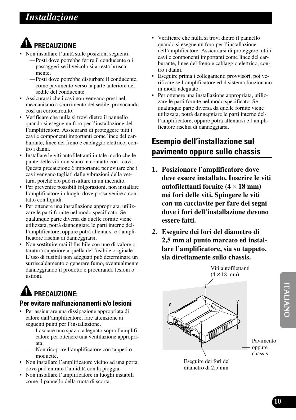 Installazione, Esempio dell’installazione sul pavimento, Oppure sullo chassis | Pioneer GM-D510M User Manual | Page 59 / 74