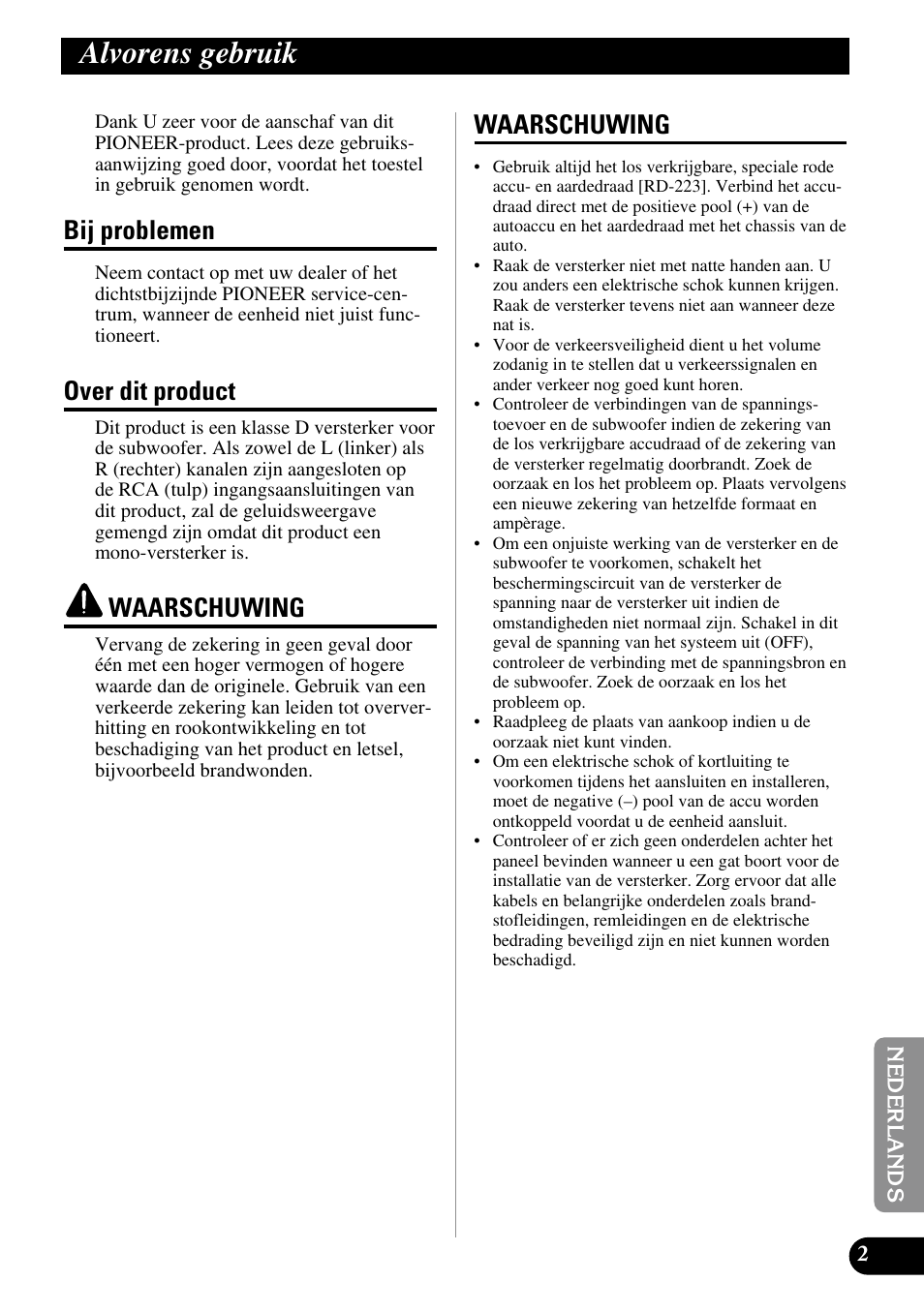 Alvorens gebruik, Bij problemen over dit product waarschuwing, Bij problemen | Over dit product, Waarschuwing | Pioneer GM-D510M User Manual | Page 63 / 74