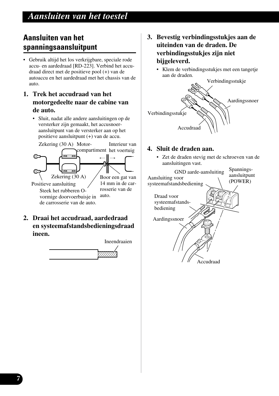 Aansluiten van het spanningsaansluitpunt, Aansluiten van het toestel | Pioneer GM-D510M User Manual | Page 68 / 74