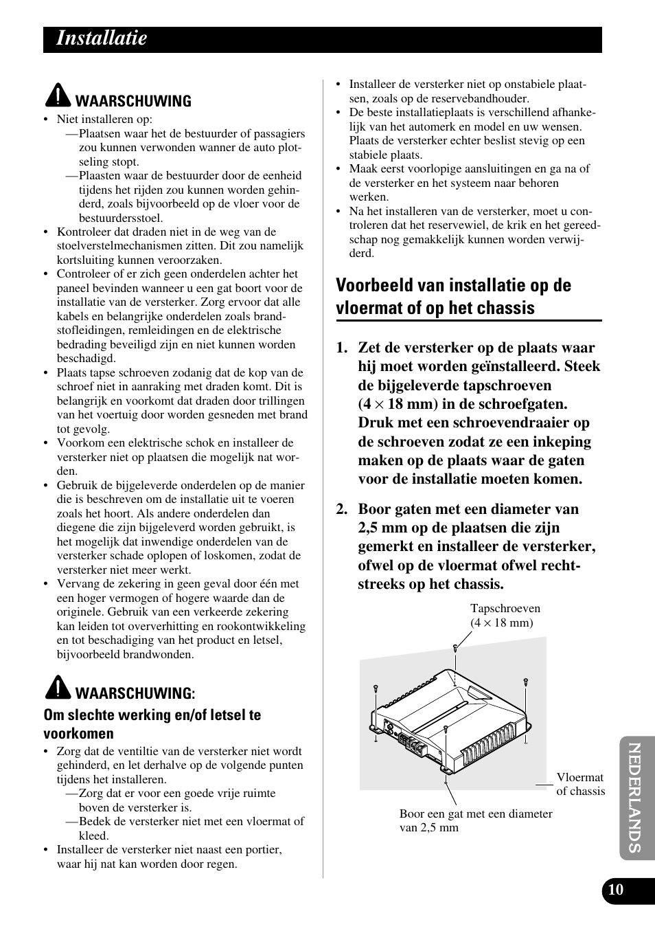 Installatie, Voorbeeld van installatie op de vloermat of, Op het chassis | Pioneer GM-D510M User Manual | Page 71 / 74