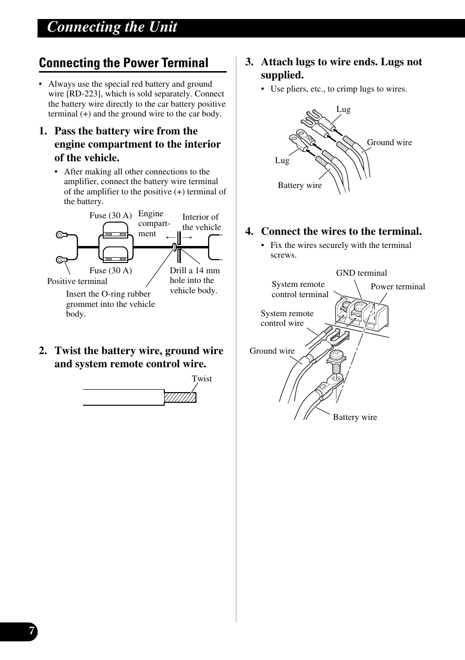 Connecting the power terminal, Connecting the unit | Pioneer GM-D510M User Manual | Page 8 / 74