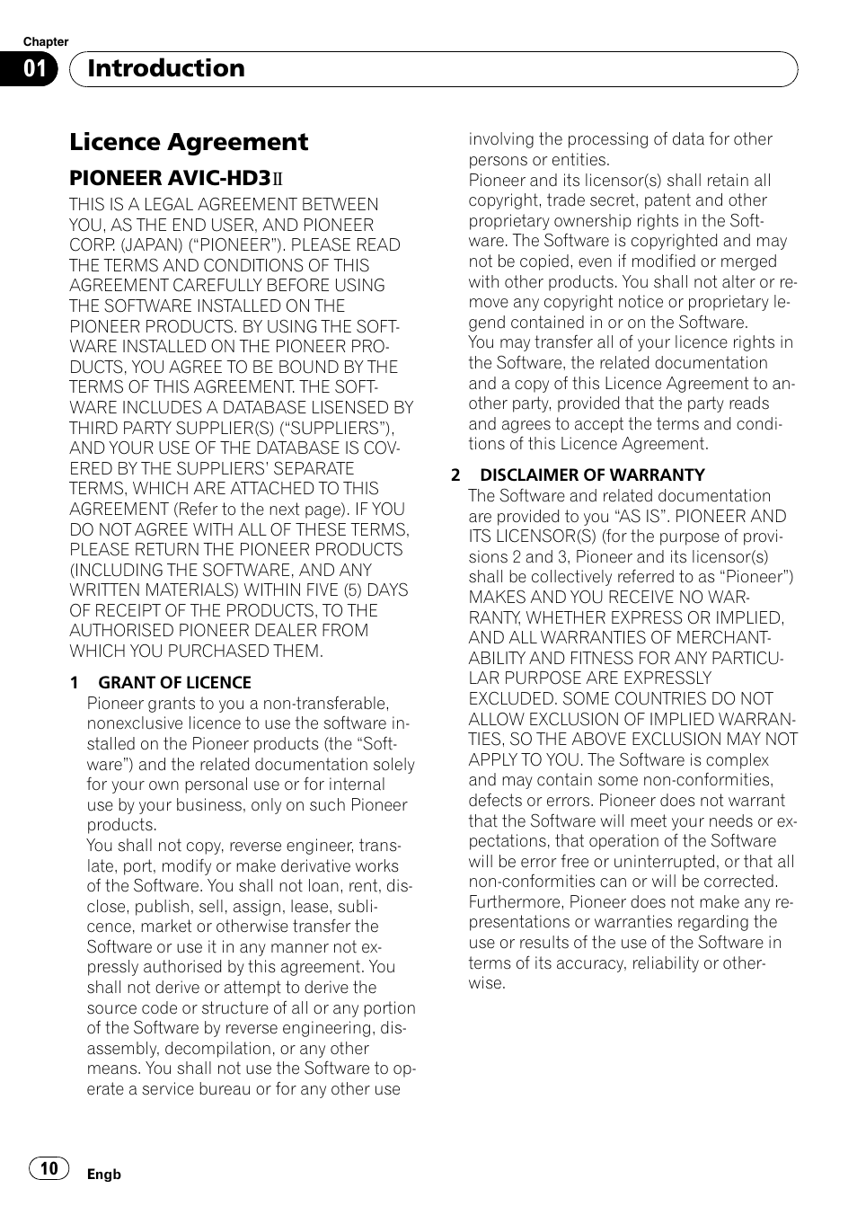 Licence agreement, Pioneer avic-hd3, Licence | Introduction | Pioneer AVIC-HD3-II User Manual | Page 10 / 189