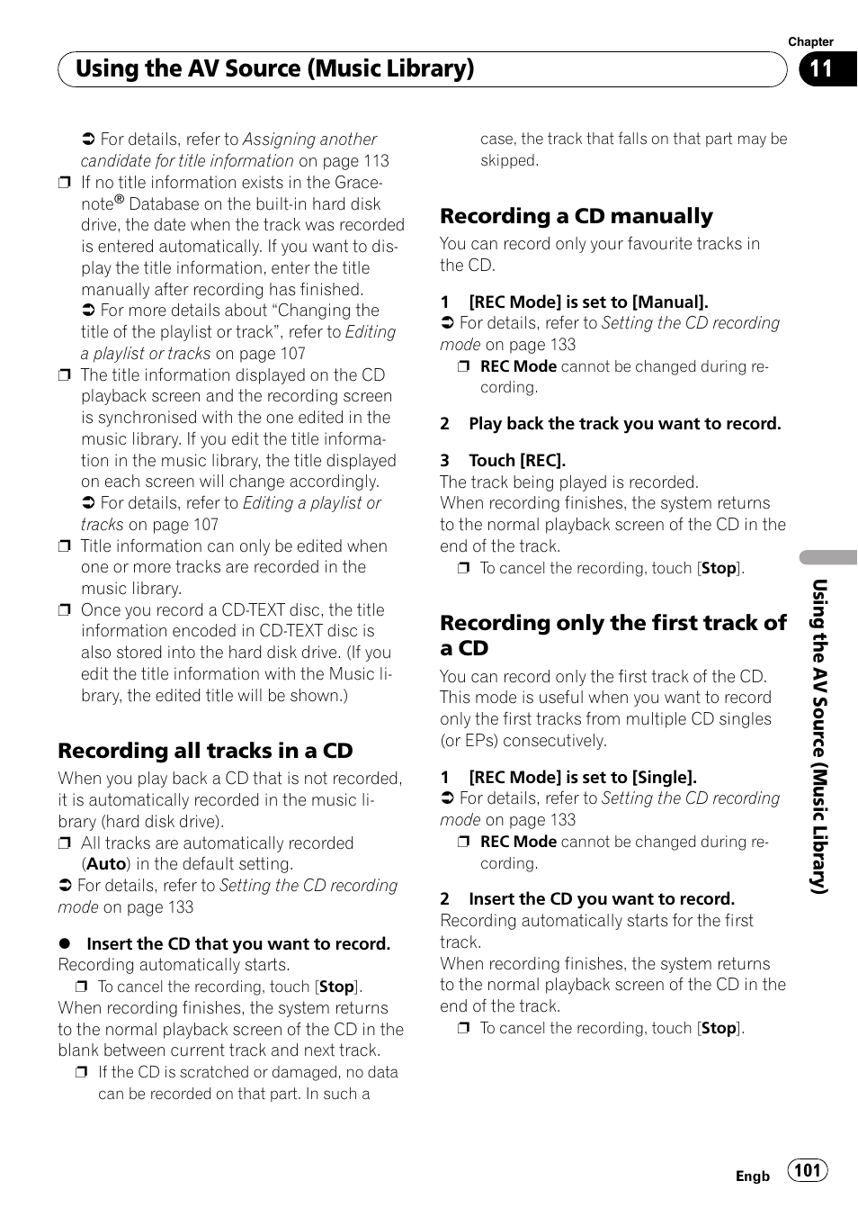 Recording all tracks in a cd 101, Recording a cd manually 101, Recording only the first track of a | Using the av source (music library), Recording all tracks in a cd, Recording a cd manually, Recording only the first track of a cd | Pioneer AVIC-HD3-II User Manual | Page 101 / 189