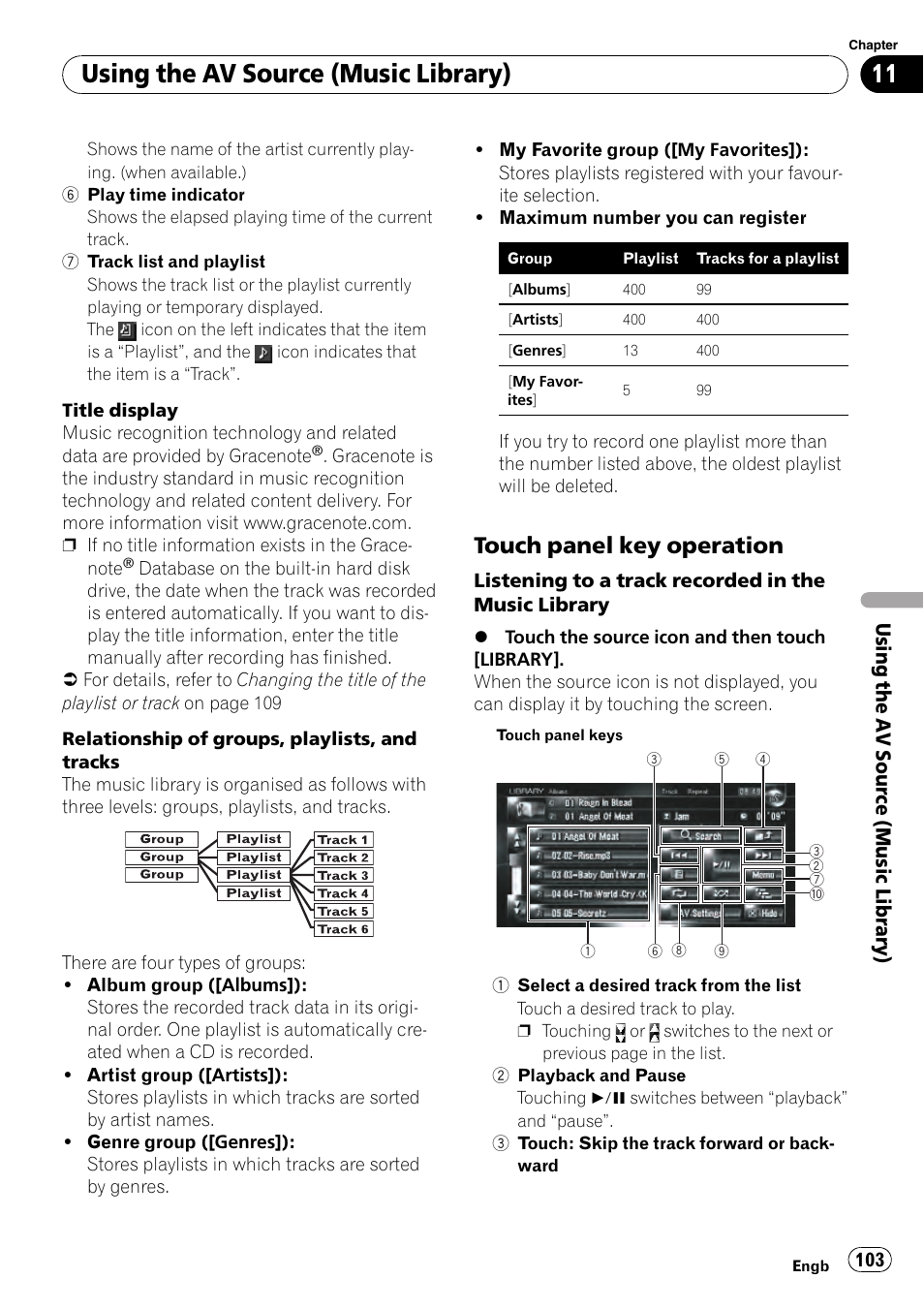 Touch panel key operation 103, Using the av source (music library), Touch panel key operation | Using the a v source (music library) | Pioneer AVIC-HD3-II User Manual | Page 103 / 189