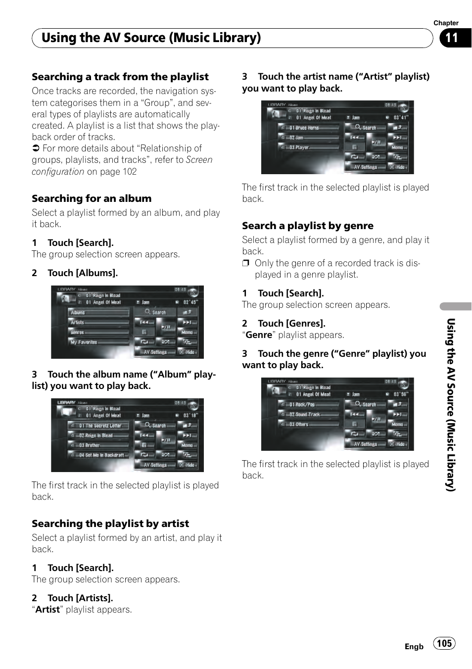 Searching a track from the play, Using the av source (music library) | Pioneer AVIC-HD3-II User Manual | Page 105 / 189