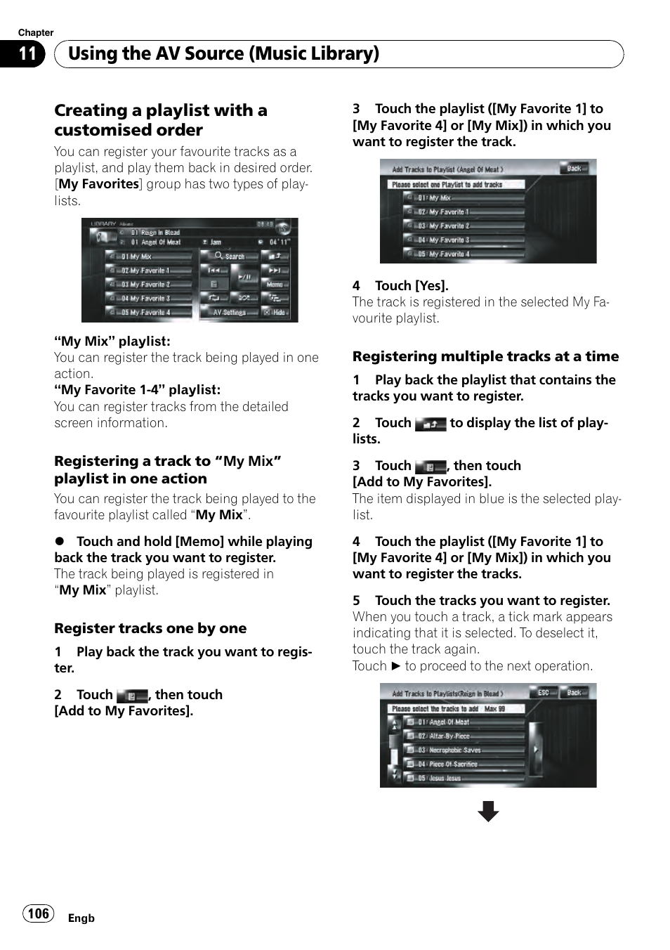 Creating a playlist with a customised, Order, Registering a track to | Using the av source (music library), Creating a playlist with a customised order | Pioneer AVIC-HD3-II User Manual | Page 106 / 189