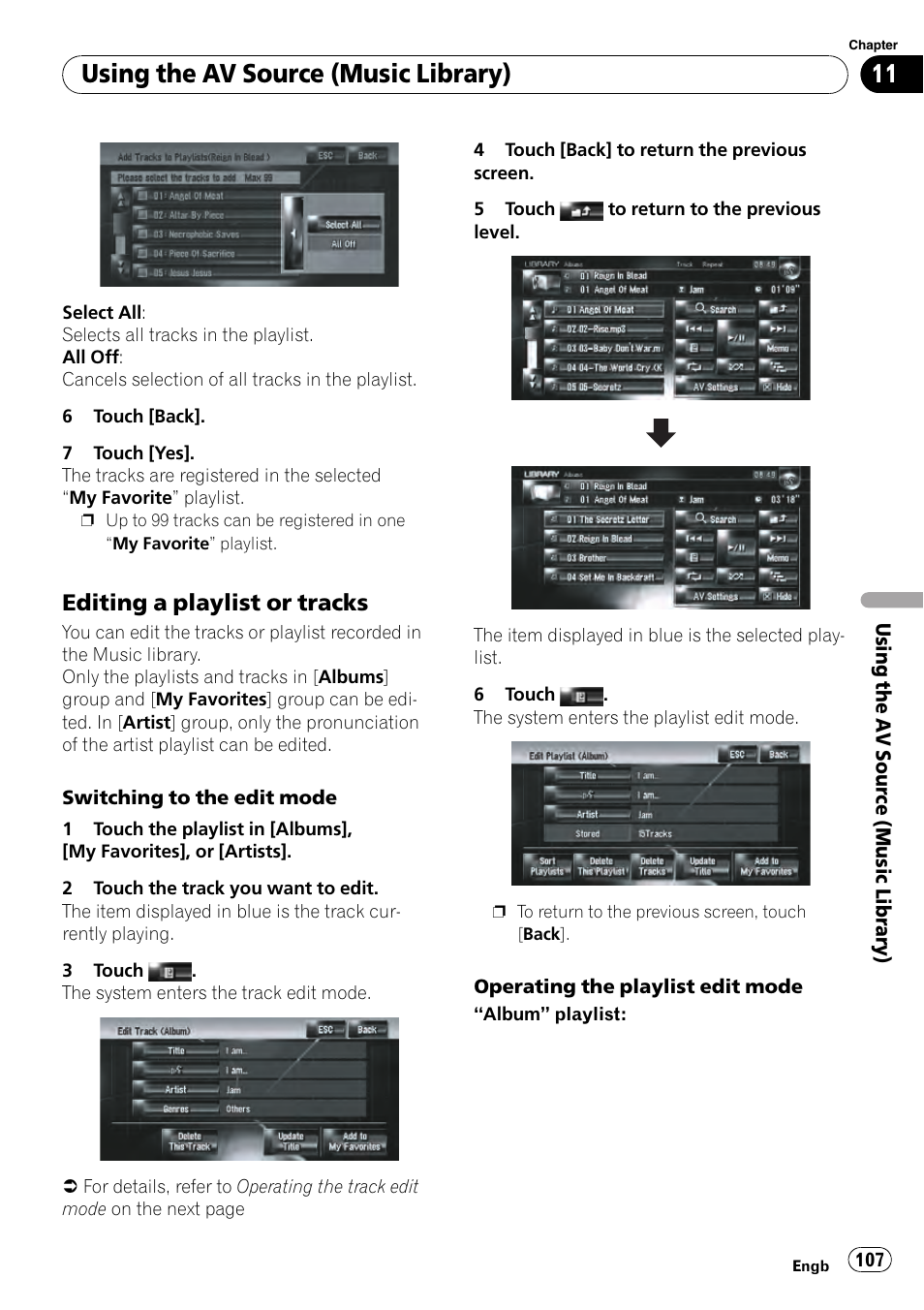 Editing a playlist or tracks 107, Editing, Using the av source (music library) | Editing a playlist or tracks | Pioneer AVIC-HD3-II User Manual | Page 107 / 189