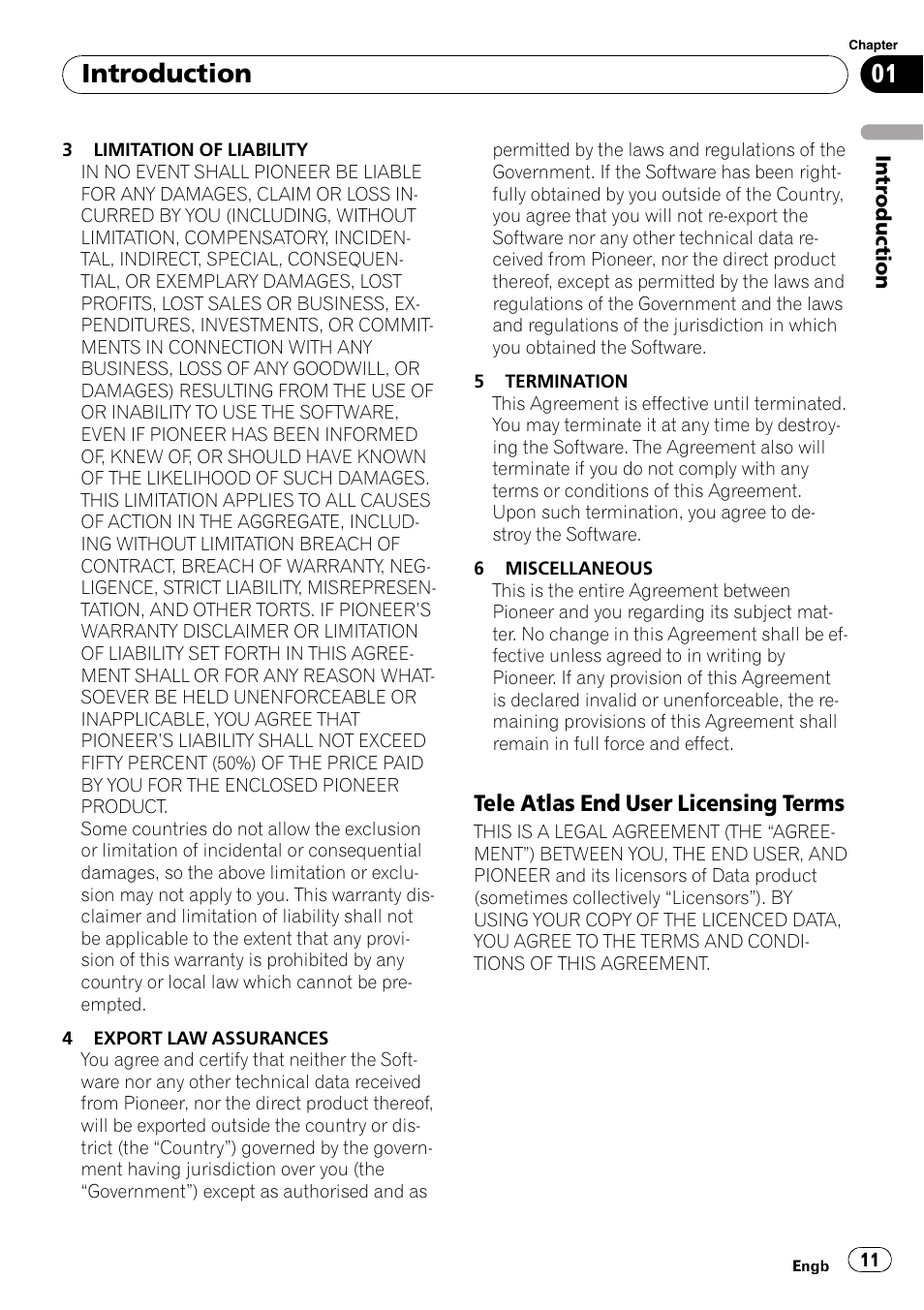 Tele atlas end user licensing, Terms, Introduction | Tele atlas end user licensing terms | Pioneer AVIC-HD3-II User Manual | Page 11 / 189