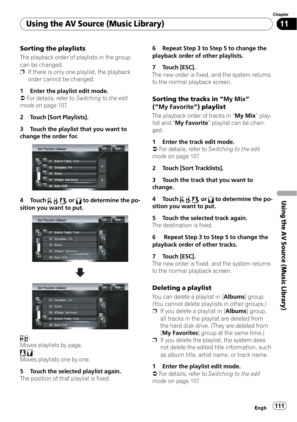 Sorting the tracks in, Using the av source (music library) | Pioneer AVIC-HD3-II User Manual | Page 111 / 189