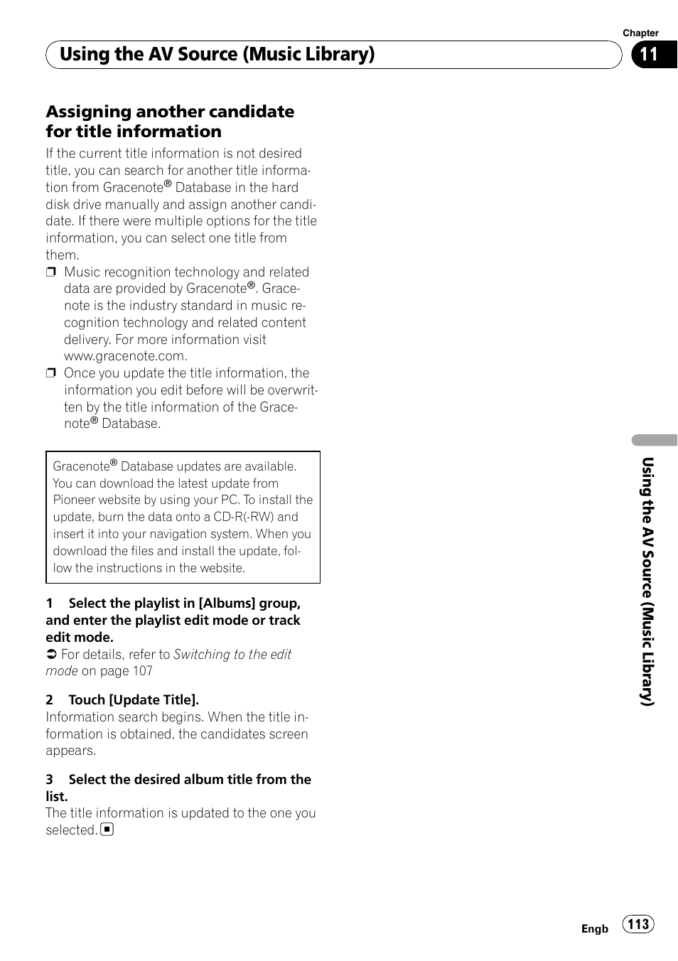 Assigning another candidate for title, Information, Using the av source (music library) | Assigning another candidate for title information | Pioneer AVIC-HD3-II User Manual | Page 113 / 189