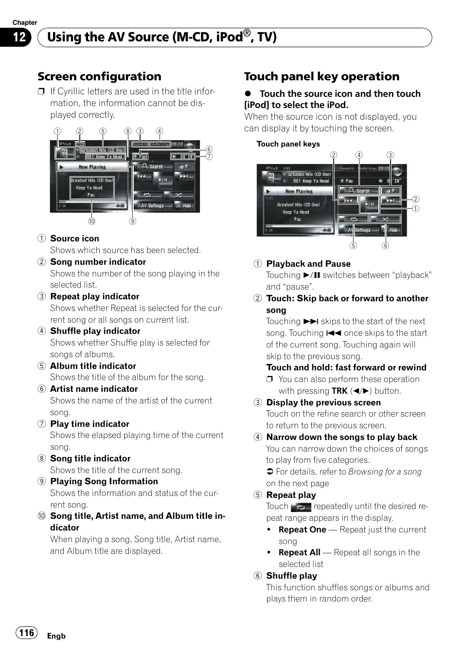 Screen configuration 116, Touch panel key operation 116, Using the av source (m-cd, ipod | Screen configuration, Touch panel key operation | Pioneer AVIC-HD3-II User Manual | Page 116 / 189