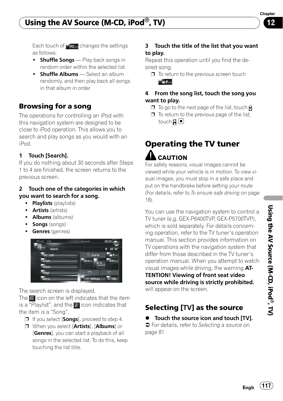 Browsing for a song 117, Operating the tv tuner, Selecting [tv] as the source 117 | Using the av source (m-cd, ipod, Browsing for a song, Selecting [tv] as the source | Pioneer AVIC-HD3-II User Manual | Page 117 / 189