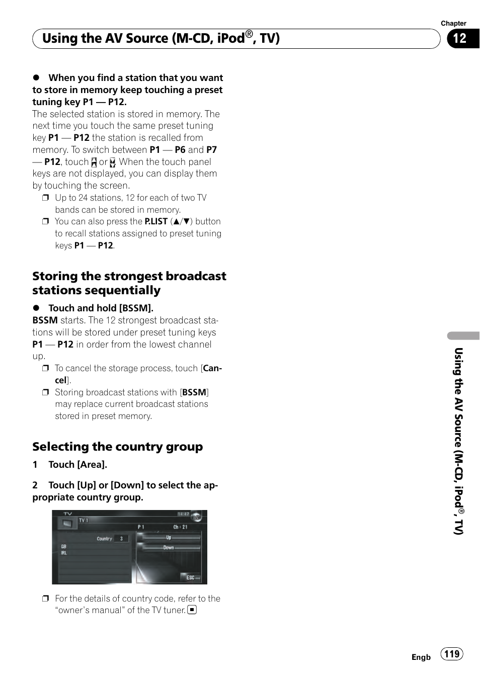 Storing the strongest broadcast, Stations sequentially, Selecting the country group 119 | Using the av source (m-cd, ipod | Pioneer AVIC-HD3-II User Manual | Page 119 / 189