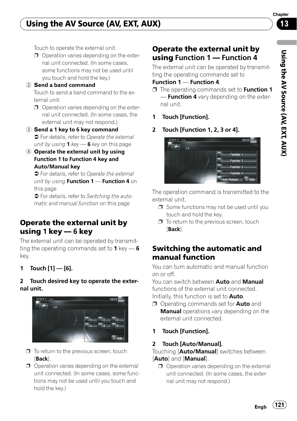 Operate the external unit by using 1 key, 6 key 121, Operate the external unit by using | Function 1, Function 4 121, Switching the automatic and manual, Function, Using the av source (av, ext, aux), Operate the external unit by using 1 key — 6 key, Switching the automatic and manual function | Pioneer AVIC-HD3-II User Manual | Page 121 / 189