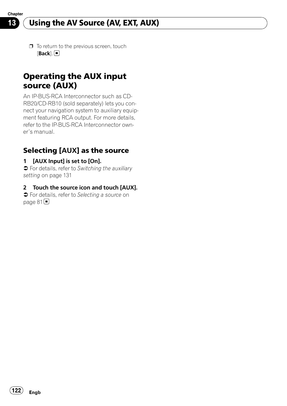 Operating the aux input source (aux), Selecting [aux] as the source 122, Using the av source (av, ext, aux) | Pioneer AVIC-HD3-II User Manual | Page 122 / 189