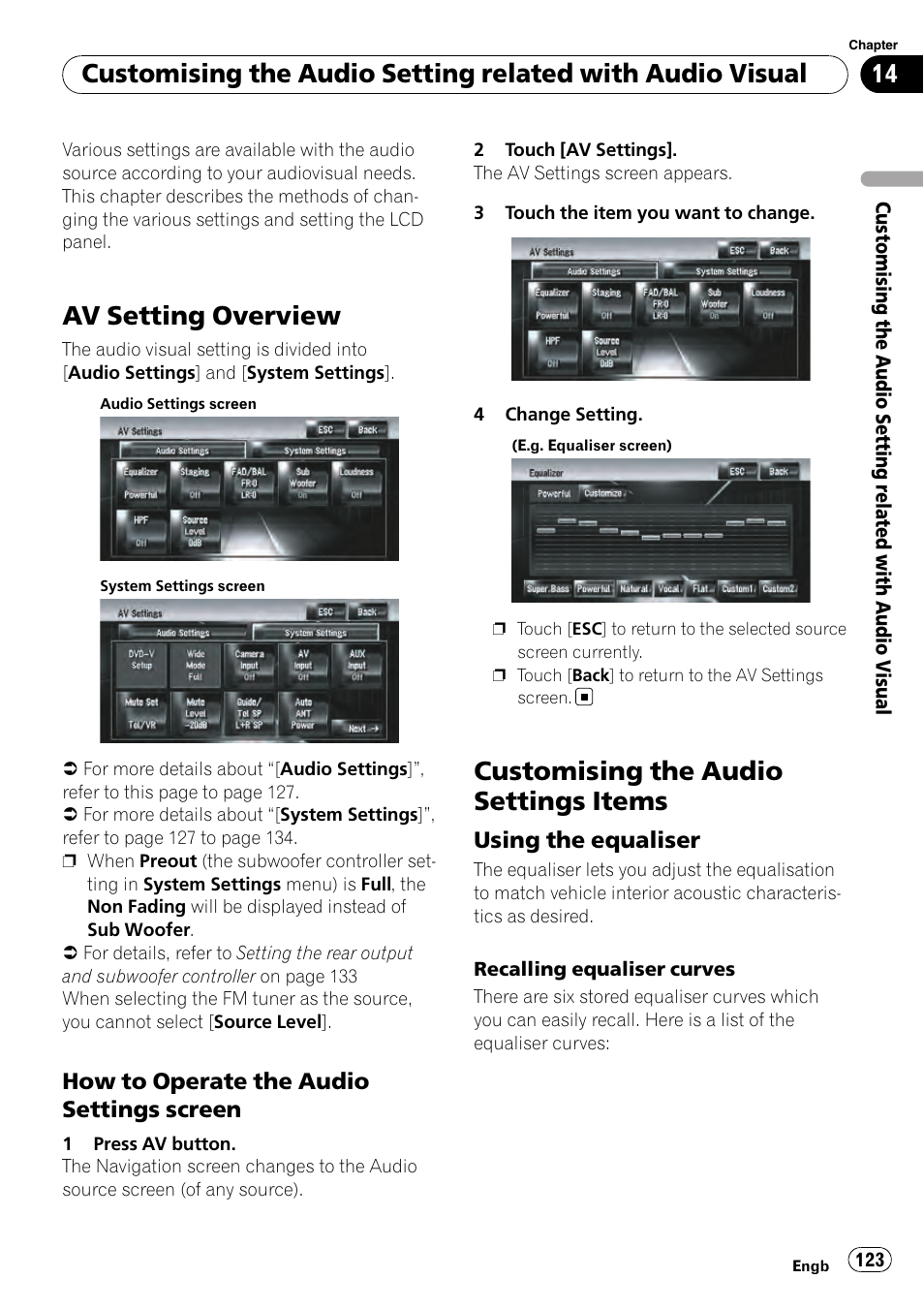 How to operate the audio settings, Screen, Customising the audio settings items | Using the equaliser 123, Av setting overview | Pioneer AVIC-HD3-II User Manual | Page 123 / 189