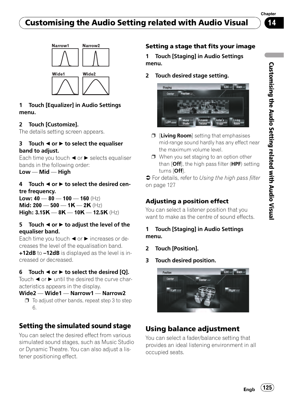 Setting the simulated sound, Stage, Using balance adjustment 125 | Setting the simulated sound stage, Using balance adjustment | Pioneer AVIC-HD3-II User Manual | Page 125 / 189