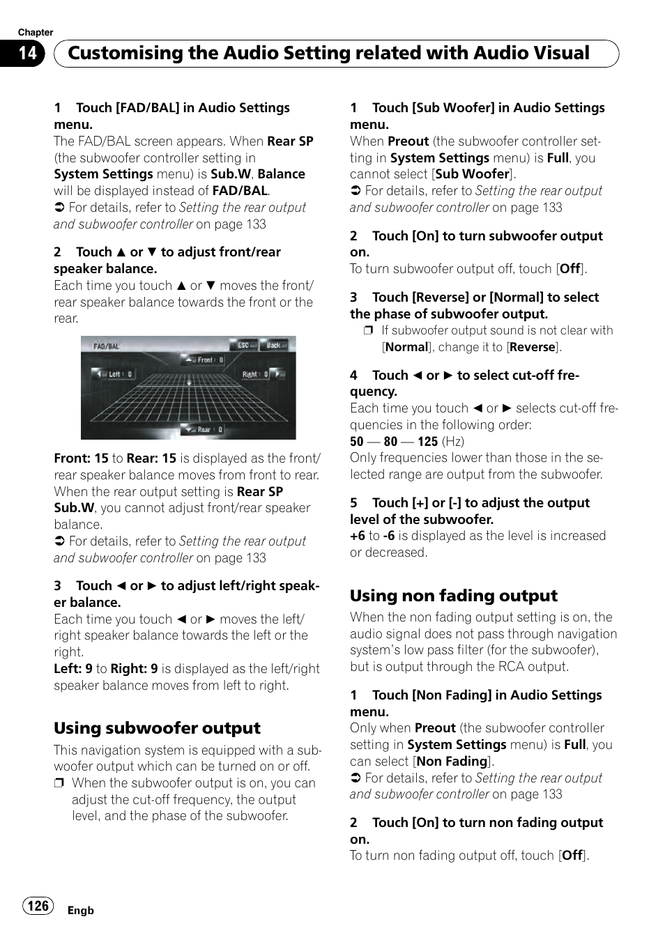 Using subwoofer output 126, Using non fading output 126, Using subwoofer output | Using non fading output | Pioneer AVIC-HD3-II User Manual | Page 126 / 189