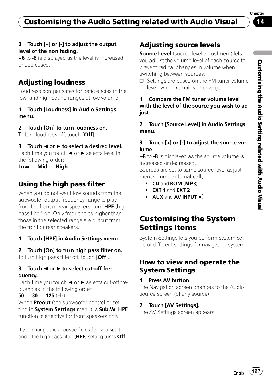 Adjusting loudness 127, Using the high pass filter 127, Adjusting source levels 127 | Customising the system settings items, How to view and operate the system, Settings | Pioneer AVIC-HD3-II User Manual | Page 127 / 189