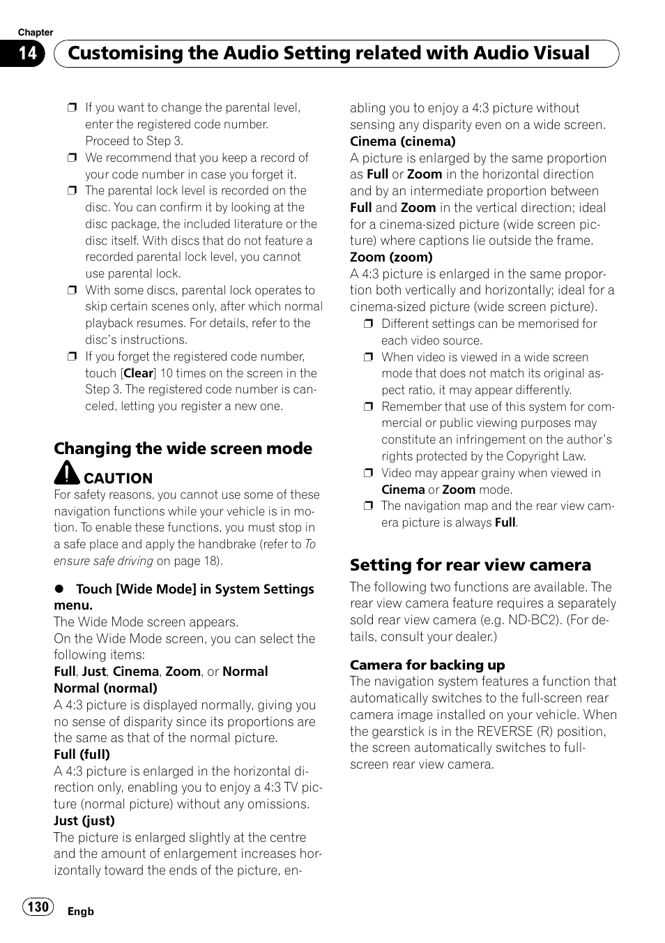 Changing the wide screen mode 130, Setting for rear view camera 130, Changing the wide screen mode | Setting for rear view camera | Pioneer AVIC-HD3-II User Manual | Page 130 / 189