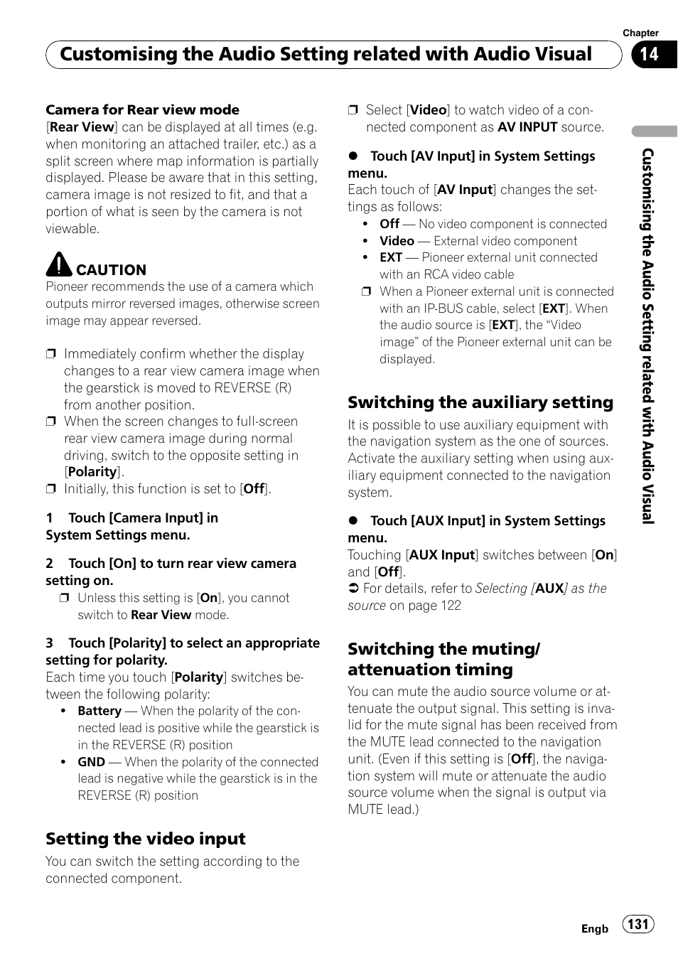 Setting the video input 131, Switching the auxiliary setting 131, Switching the muting/attenuation | Timing, Setting the video input, Switching the auxiliary setting, Switching the muting/ attenuation timing | Pioneer AVIC-HD3-II User Manual | Page 131 / 189