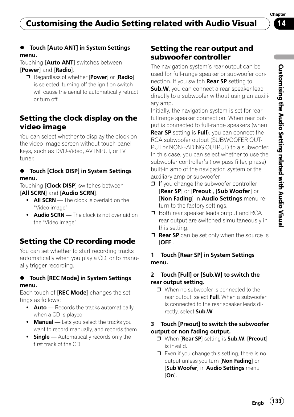 Setting the clock display on the video, Image, Setting the cd recording mode 133 | Setting the rear output and subwoofer, Controller, Setting the cd, Setting the clock display on the video image, Setting the cd recording mode, Setting the rear output and subwoofer controller | Pioneer AVIC-HD3-II User Manual | Page 133 / 189