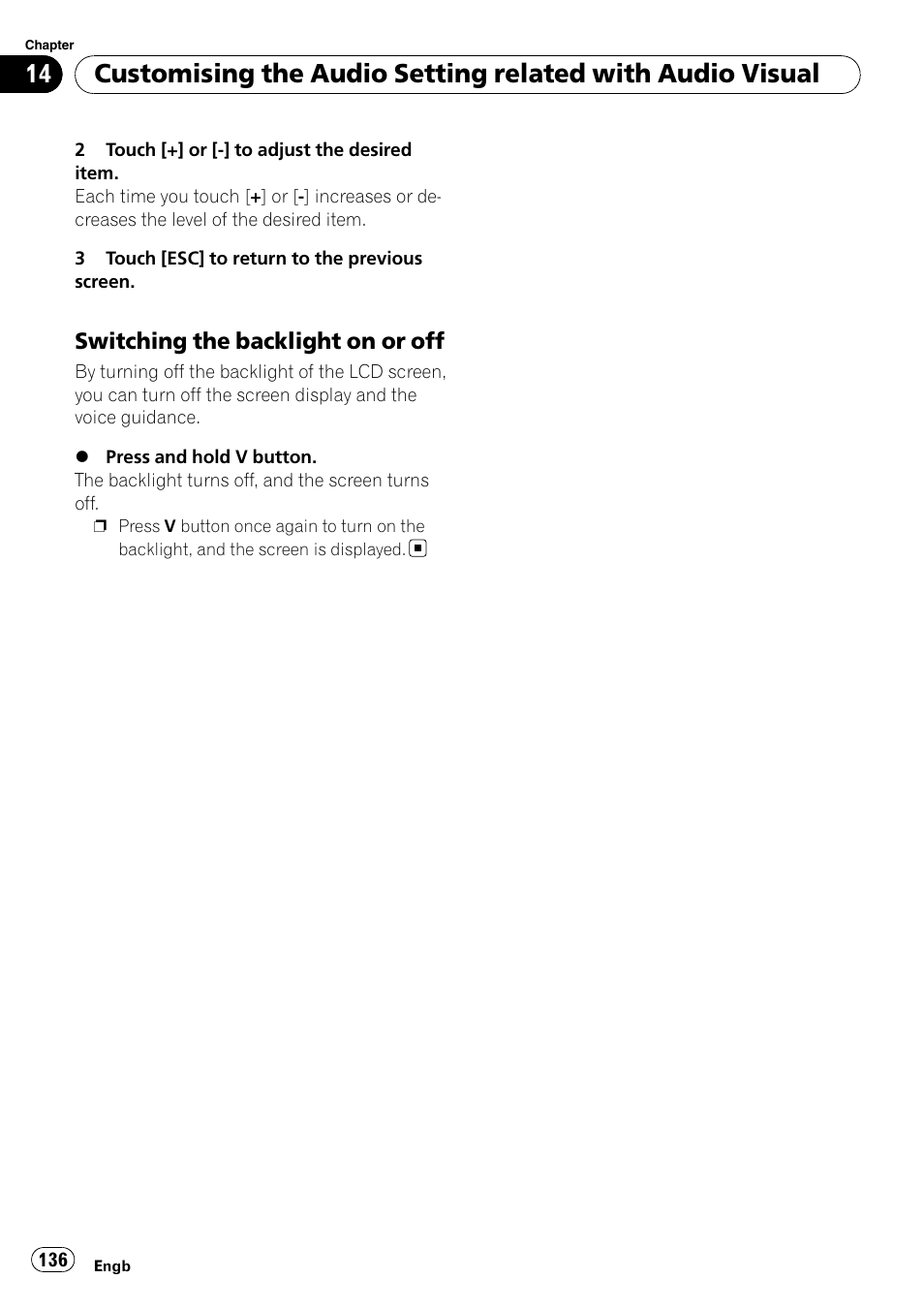 Switching the backlight on or off 136, Switching the backlight on or off | Pioneer AVIC-HD3-II User Manual | Page 136 / 189