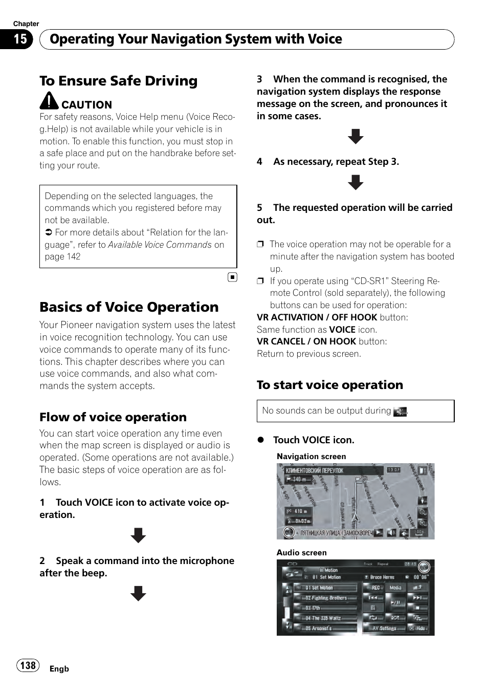 Basics of voice operation, Flow of voice operation 138, To start voice operation 138 | Chapter 15, Operating your navigation system with voice, Flow of voice operation | Pioneer AVIC-HD3-II User Manual | Page 138 / 189