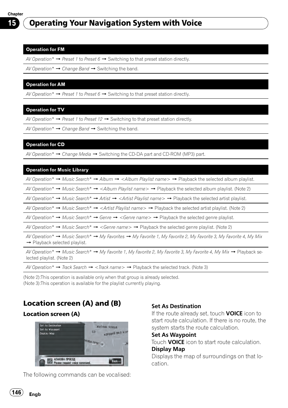 Location screen (a) and (b) 146, Location screen (a) and (b), Operating your navigation system with voice | Pioneer AVIC-HD3-II User Manual | Page 146 / 189