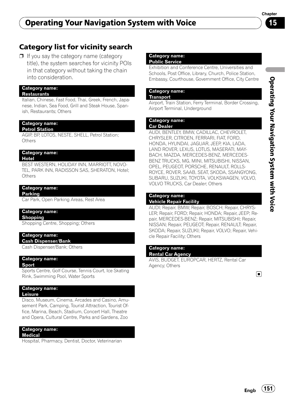 Category list for vicinity search 151, Category list for vicinity, Search | Operating your navigation system with voice, Category list for vicinity search, Operating y our navigation system with v oice | Pioneer AVIC-HD3-II User Manual | Page 151 / 189