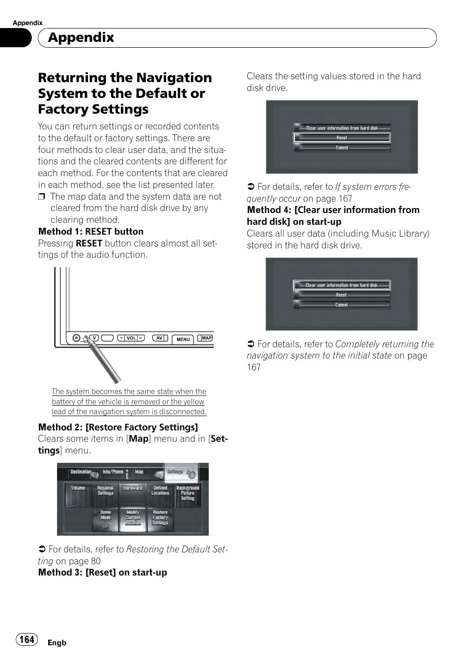 Returning the navigation system to the, Default or factory settings, Appendix | Pioneer AVIC-HD3-II User Manual | Page 164 / 189