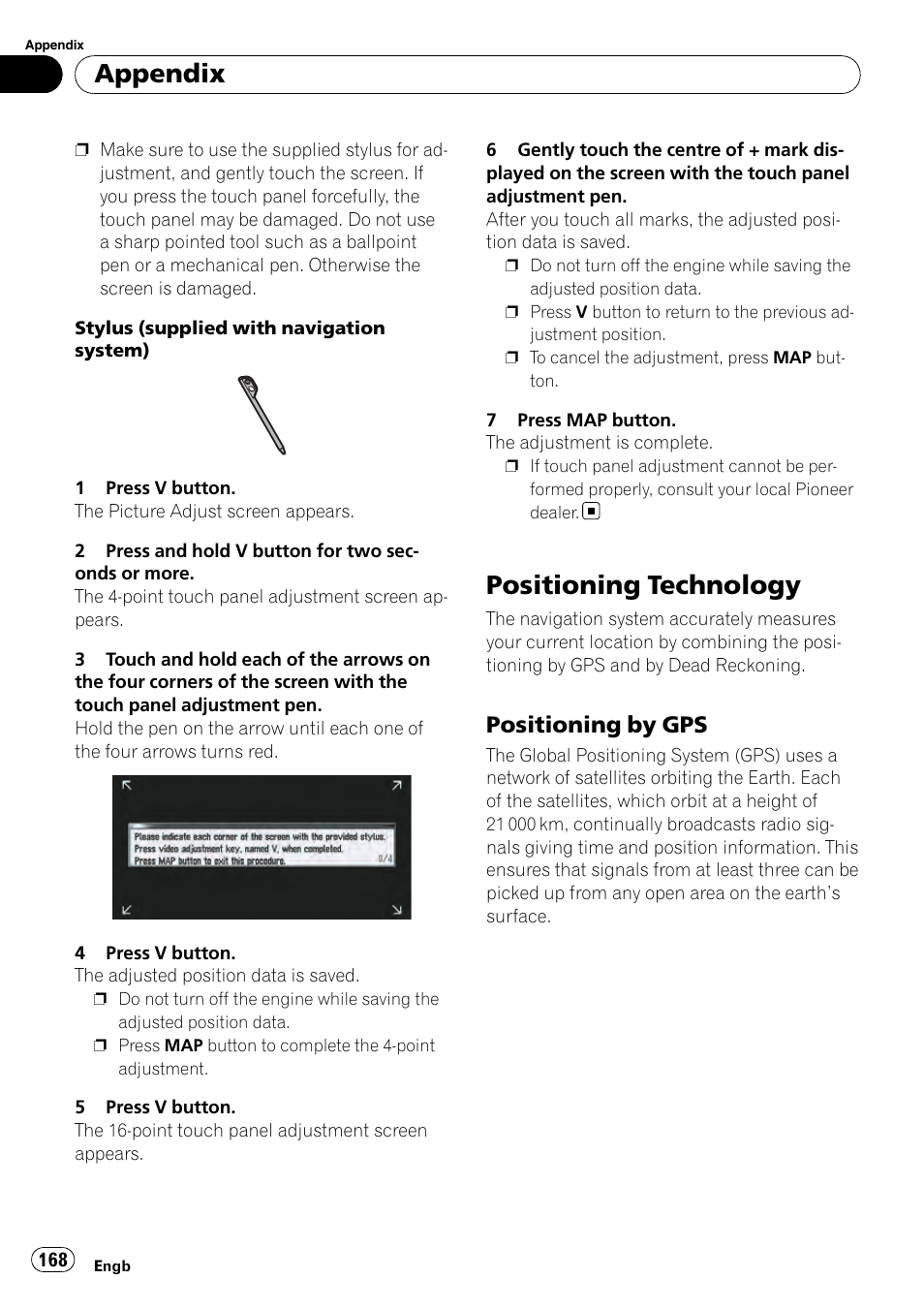 Positioning technology, Positioning by gps 168, Appendix | Positioning by gps | Pioneer AVIC-HD3-II User Manual | Page 168 / 189