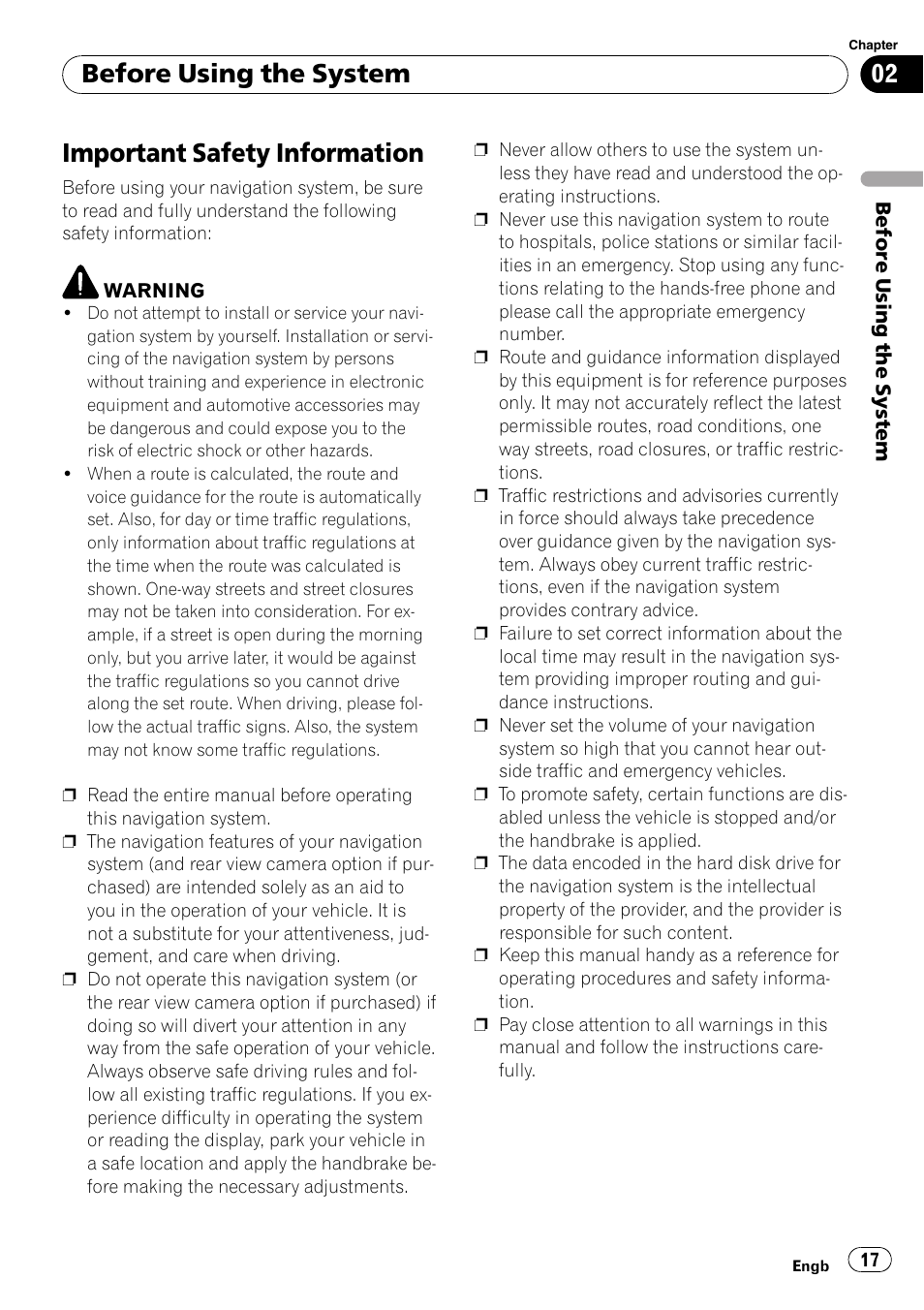 Important safety information, Before using the system | Pioneer AVIC-HD3-II User Manual | Page 17 / 189