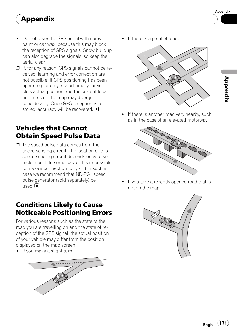 Vehicles that cannot obtain speed pulse, Data, Conditions likely to cause noticeable | Positioning errors, Vehicles that cannot obtain speed pulse data, Appendix | Pioneer AVIC-HD3-II User Manual | Page 171 / 189