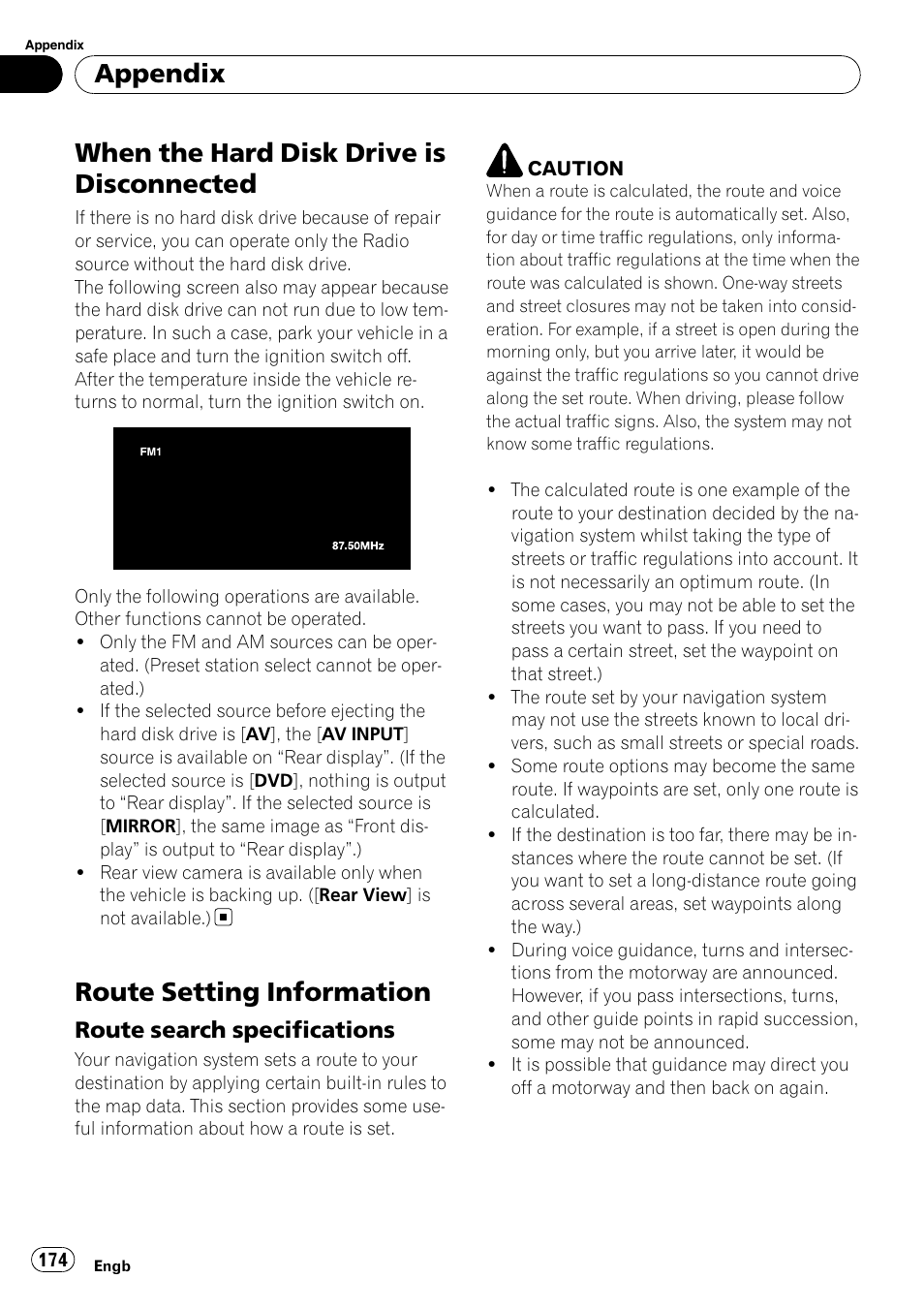 When the hard disk drive is, Disconnected, Route setting information | Route search specifications 174, When the hard disk drive is disconnected, Appendix, Route search specifications | Pioneer AVIC-HD3-II User Manual | Page 174 / 189