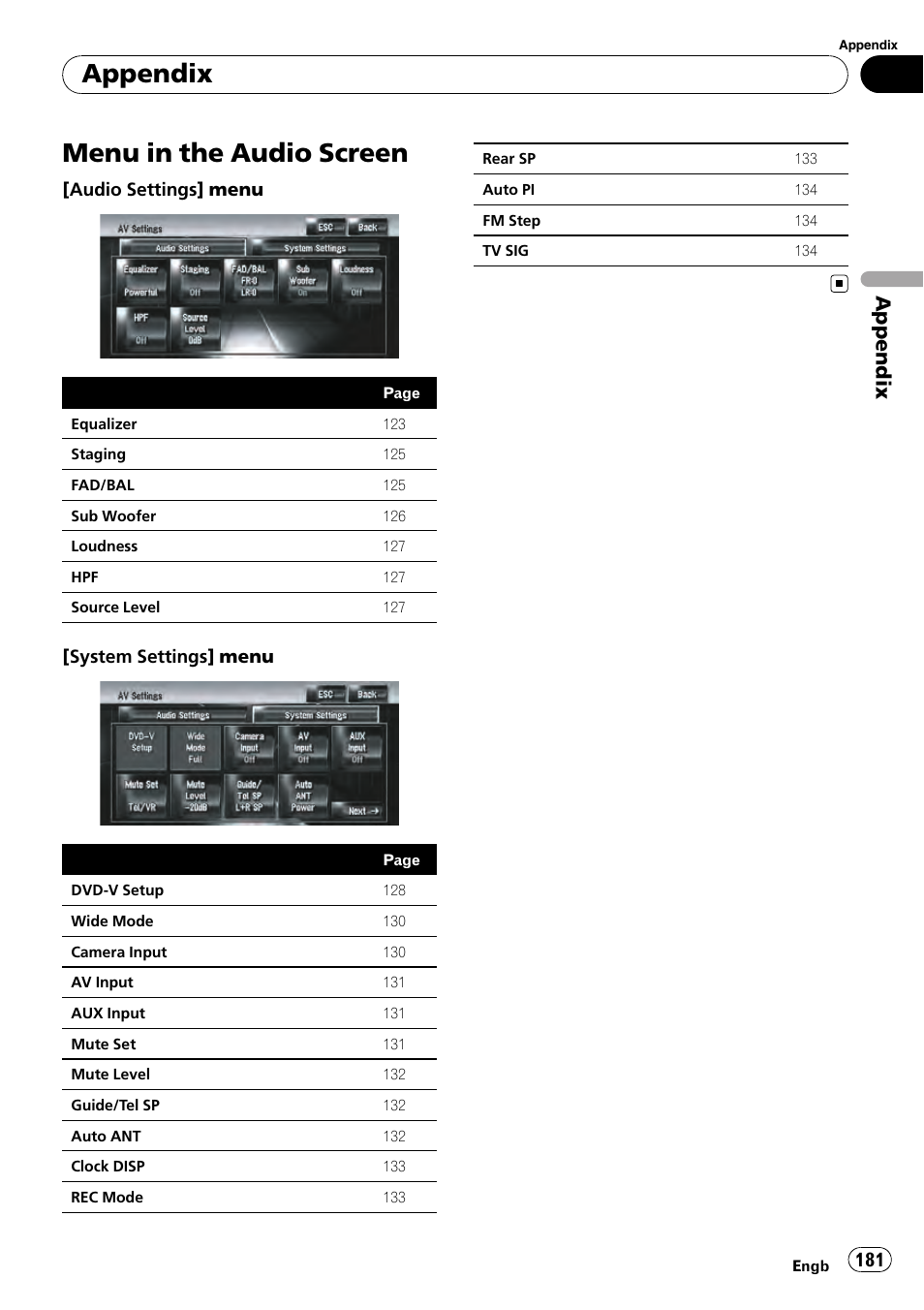 Menu in the audio screen, Appendix | Pioneer AVIC-HD3-II User Manual | Page 181 / 189