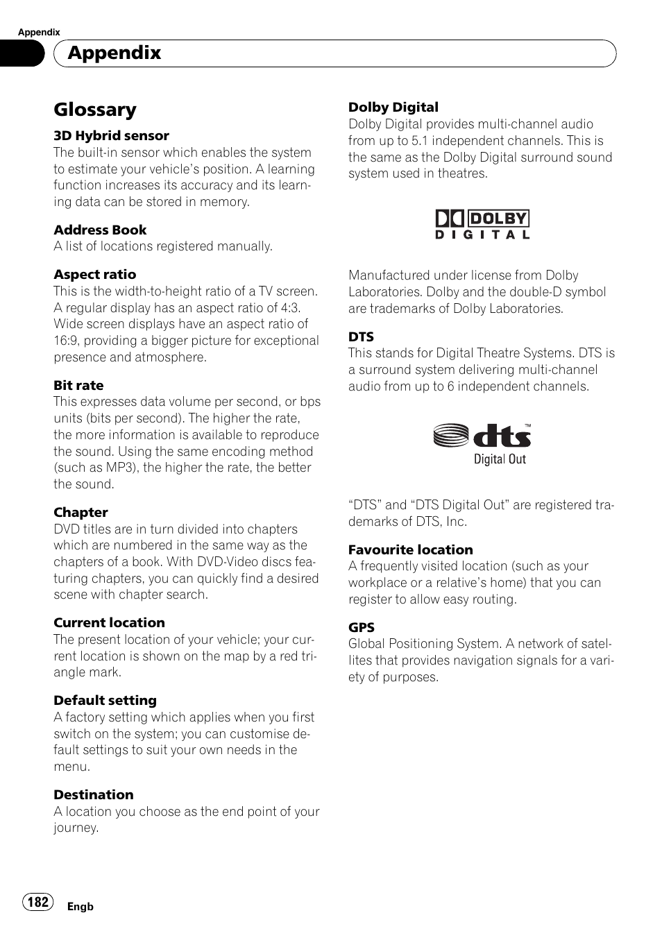 Glossary, Appendix | Pioneer AVIC-HD3-II User Manual | Page 182 / 189